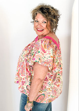 Paisley puff short sleeve top with square neck with pink band - flowy fit - multicolored