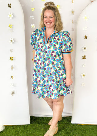 Cream base v-neck dress with floral pattern.  Contrasting stripe sleeve and collar. Lined with pockets.