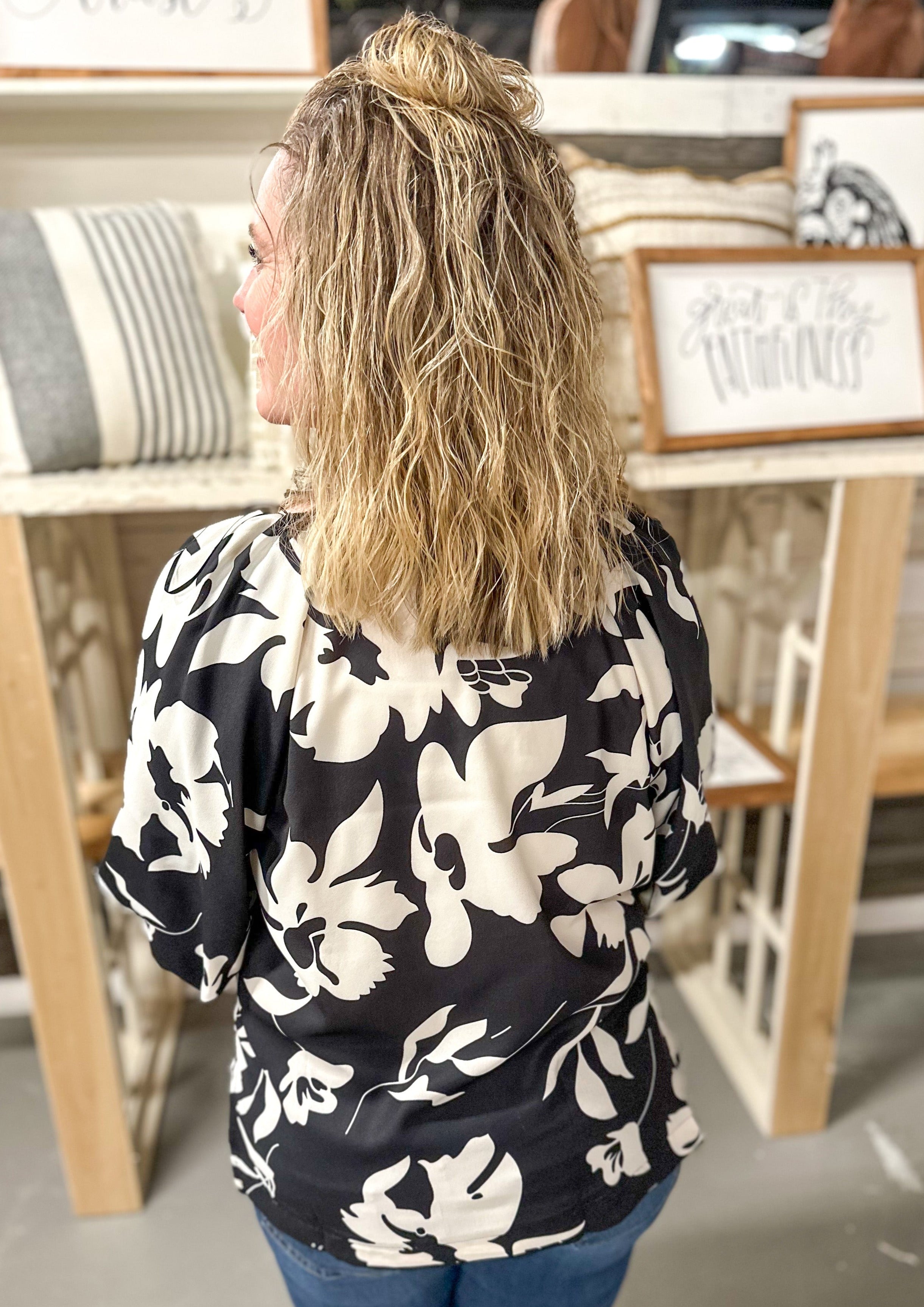 Floral Puff Sleeve Top - satin feel - Black with cream flowers - boat neck - balloon sleeve ends right above the elbow