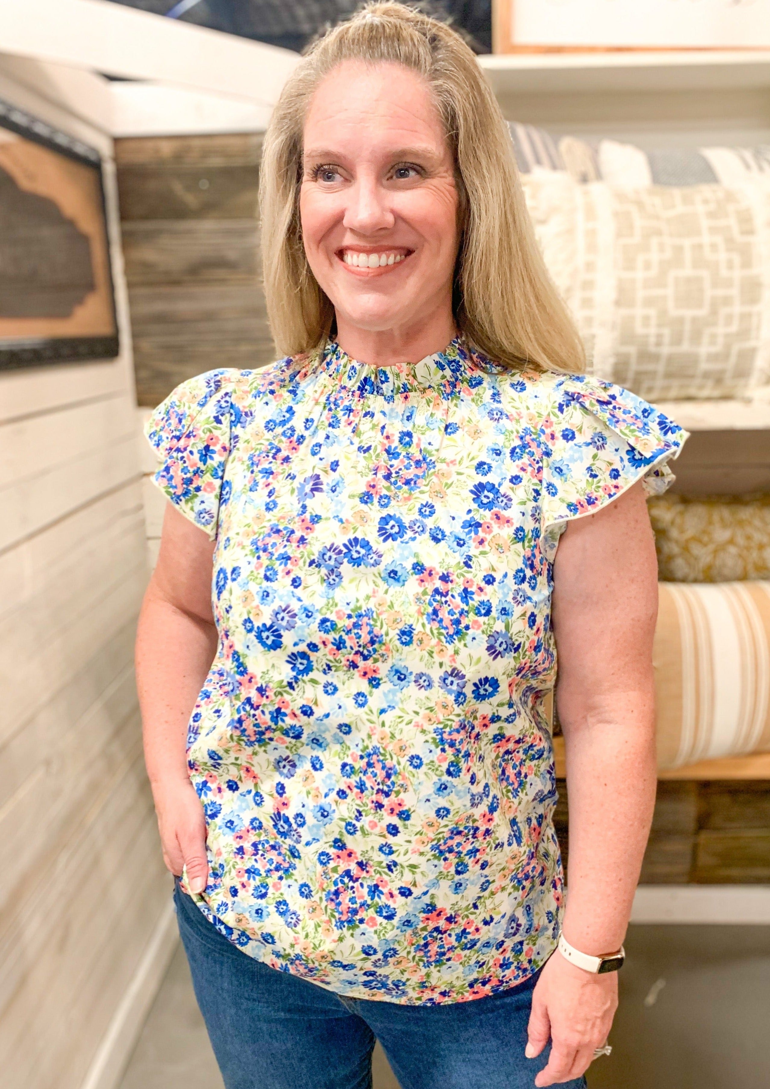 blue yellow and pink Ditsy Floral Top w/Ruffle Sleeve and ruffle neck