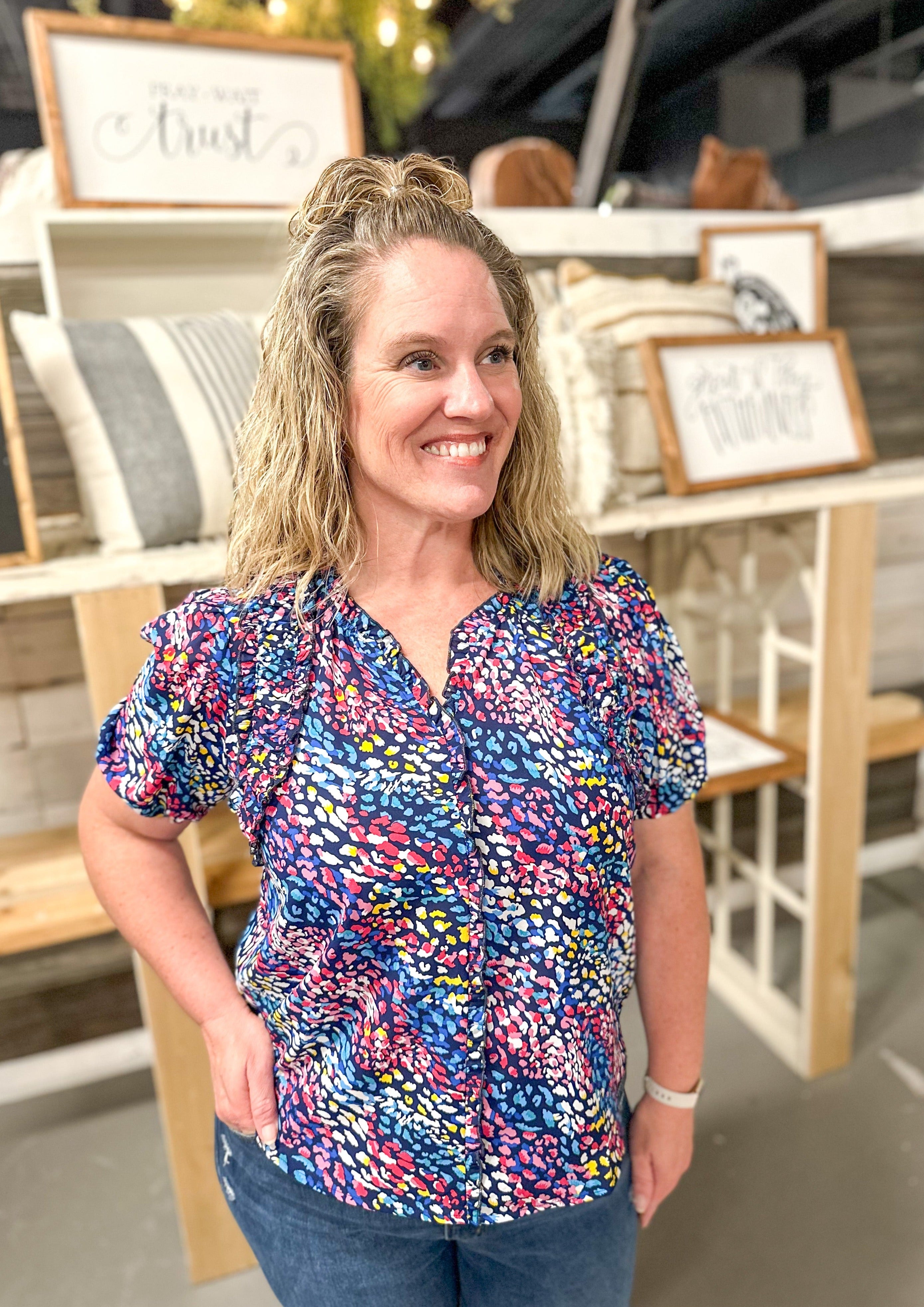 Puff short Sleeve Abstract Top - Navy with ruffle collar and small v-neck
