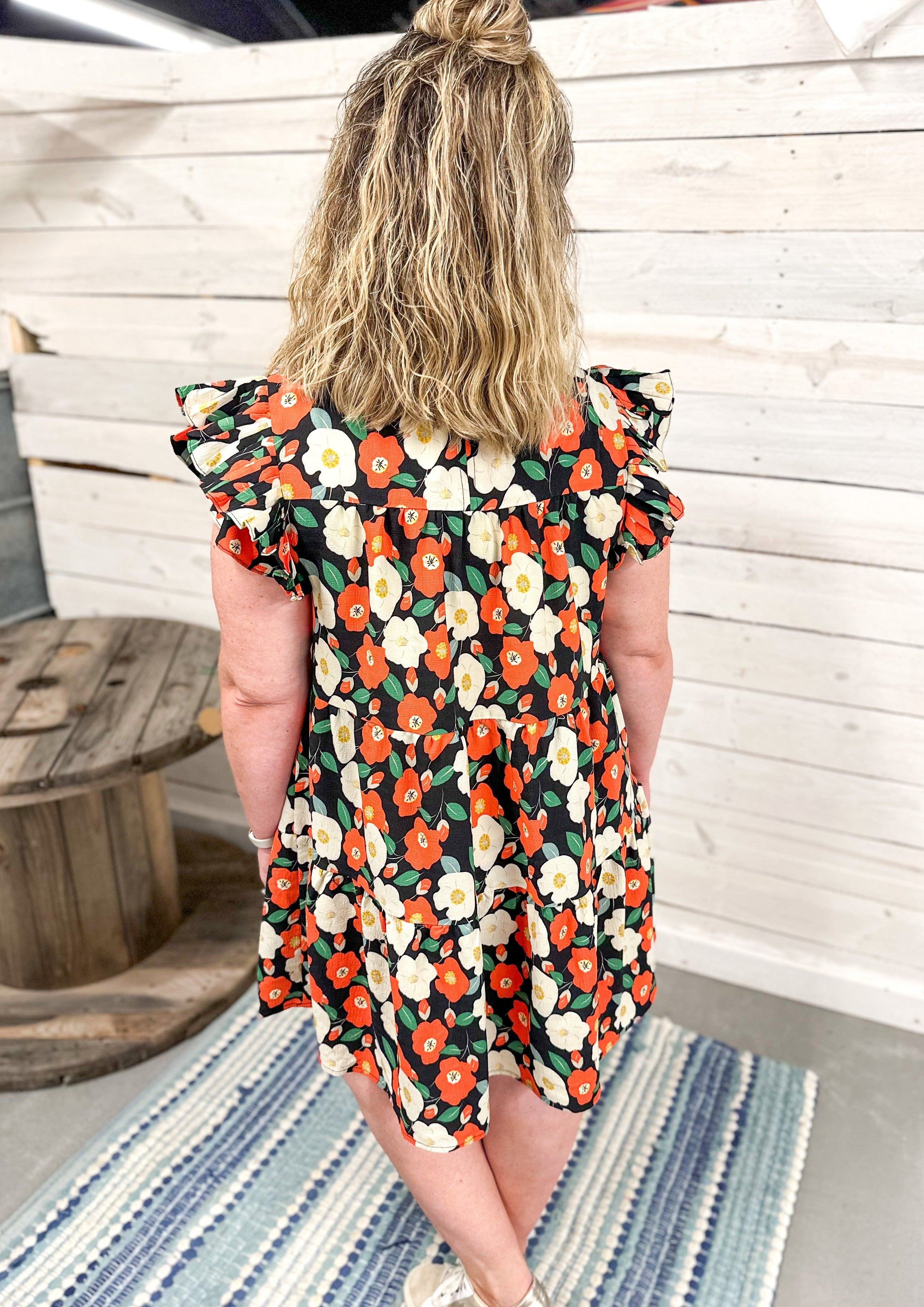 Black Ruffle Sleeve Floral tiered short Dress with rust and cream flowers and green leaves - double ruffle sleeve and ruffle collar