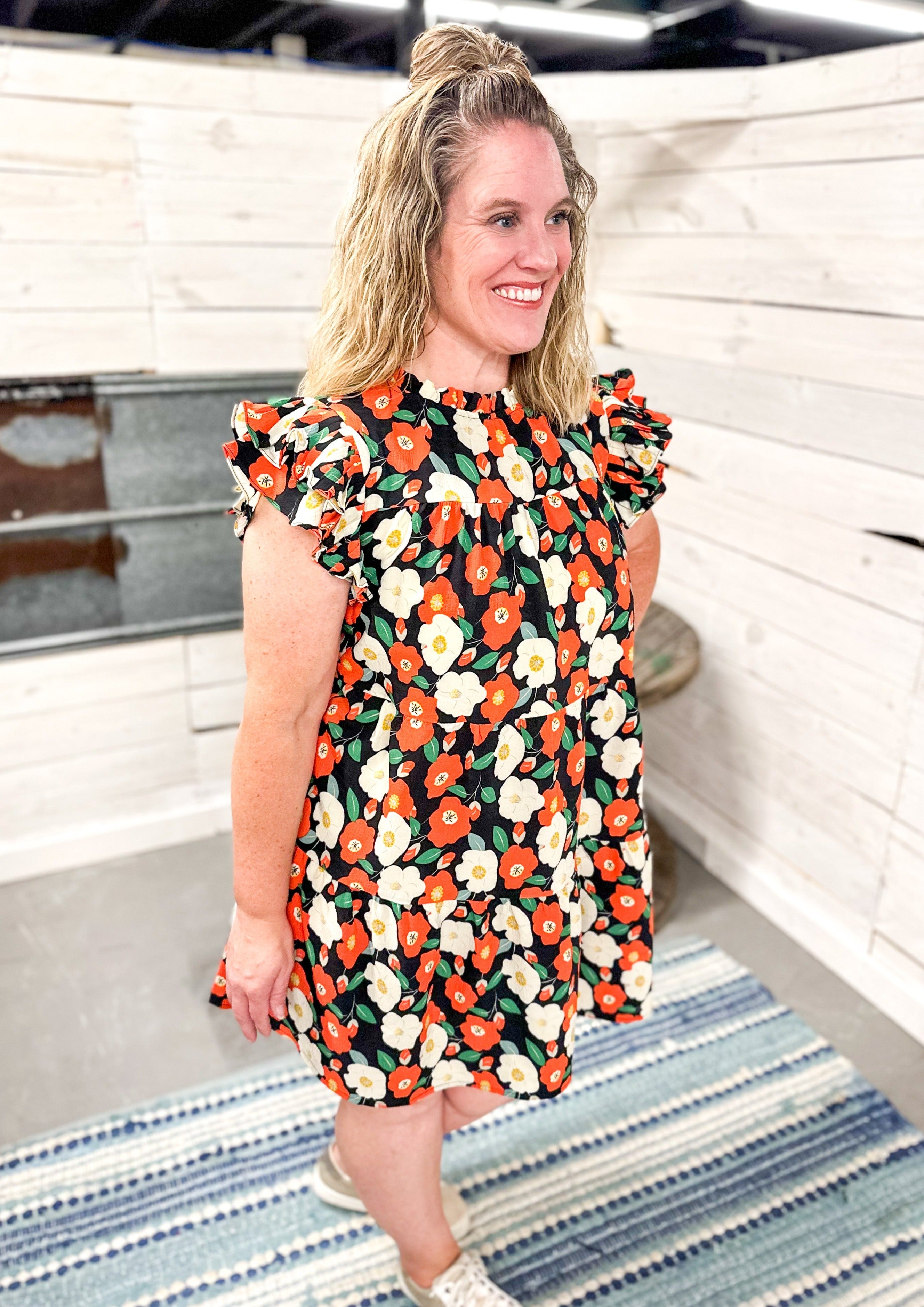 Black Ruffle Sleeve Floral tiered short Dress with rust and cream flowers and green leaves - double ruffle sleeve and ruffle collar