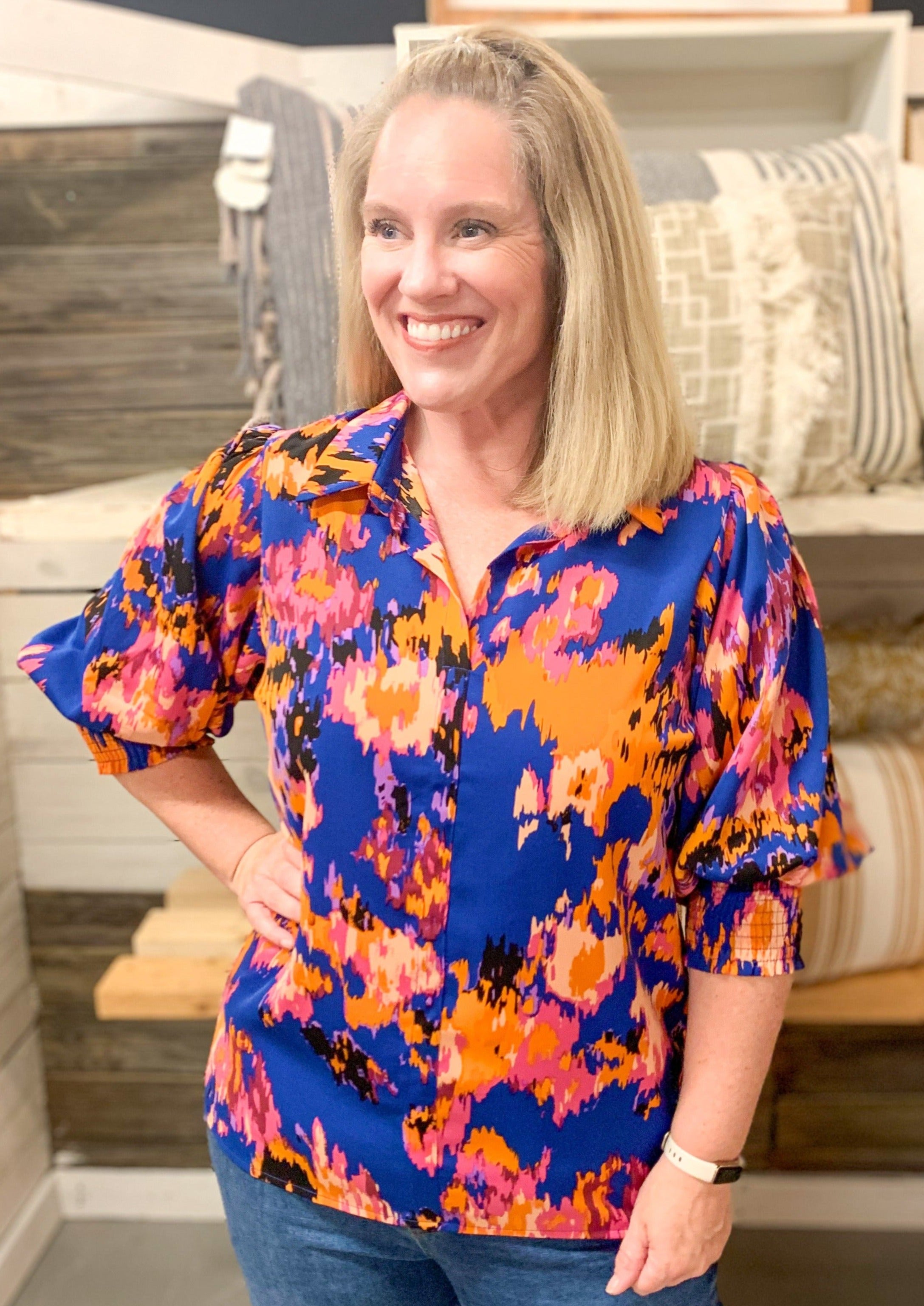 blue pink yellow and orange abstract print satin blouse