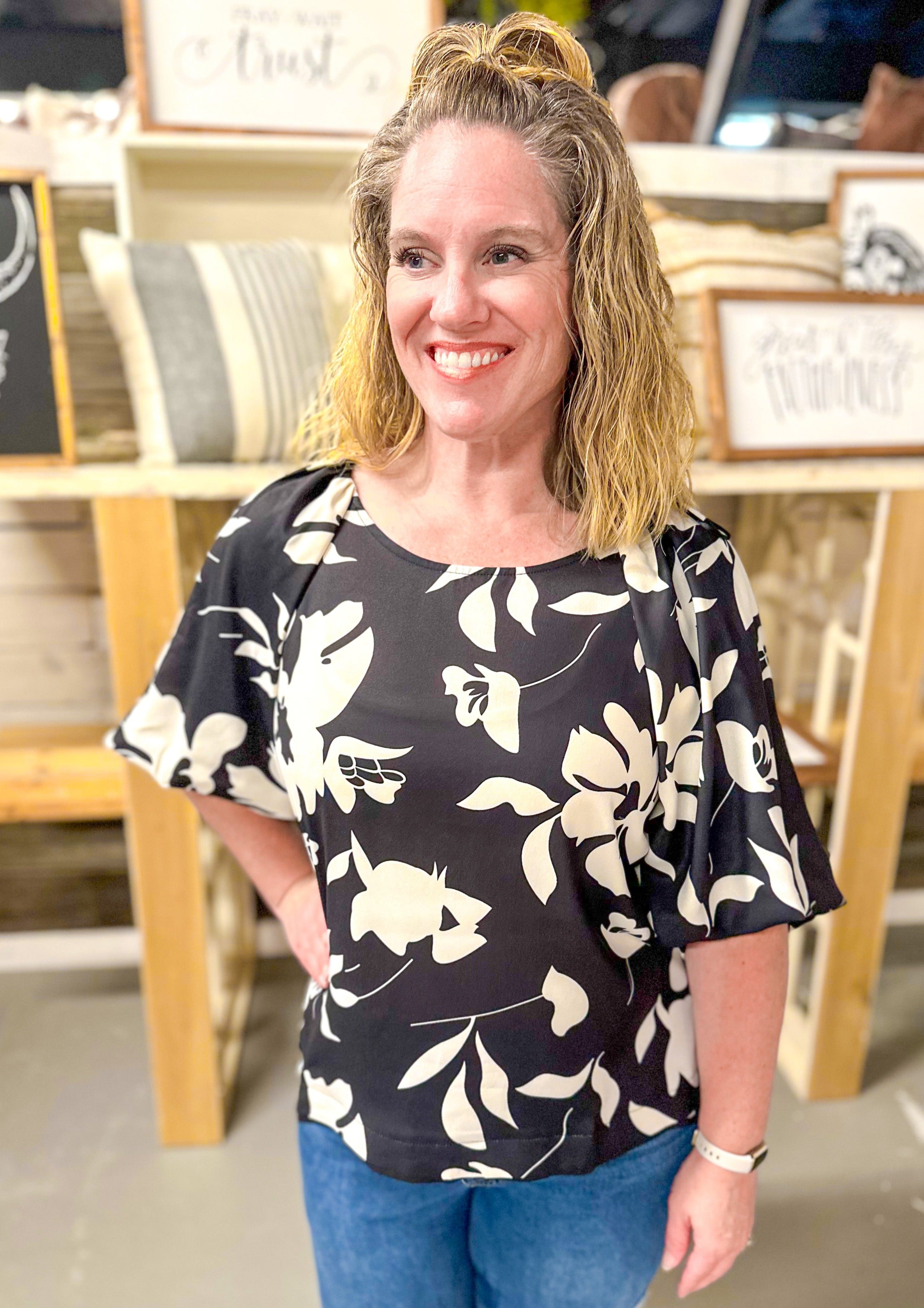 Floral Puff Sleeve Top - satin feel - Black with cream flowers - boat neck - balloon sleeve ends right above the elbow