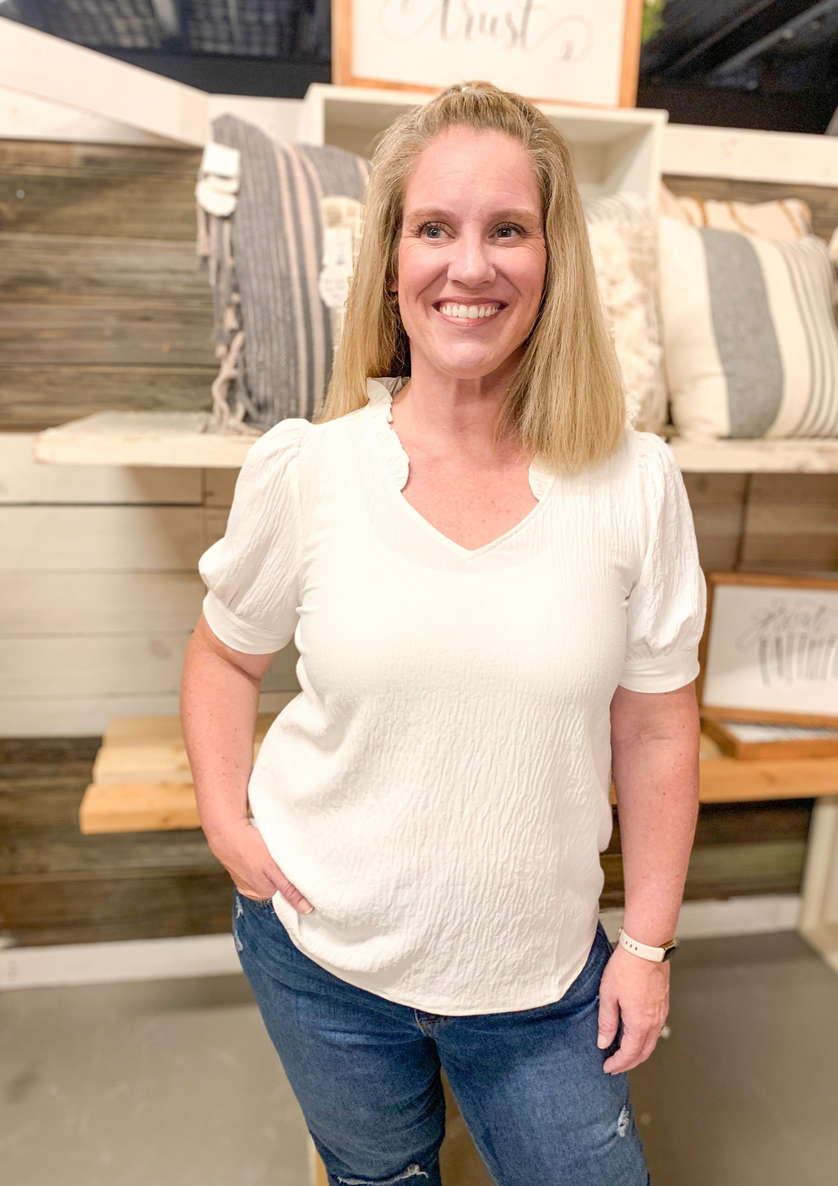 White Ruffle Neck Top with puff sleeve