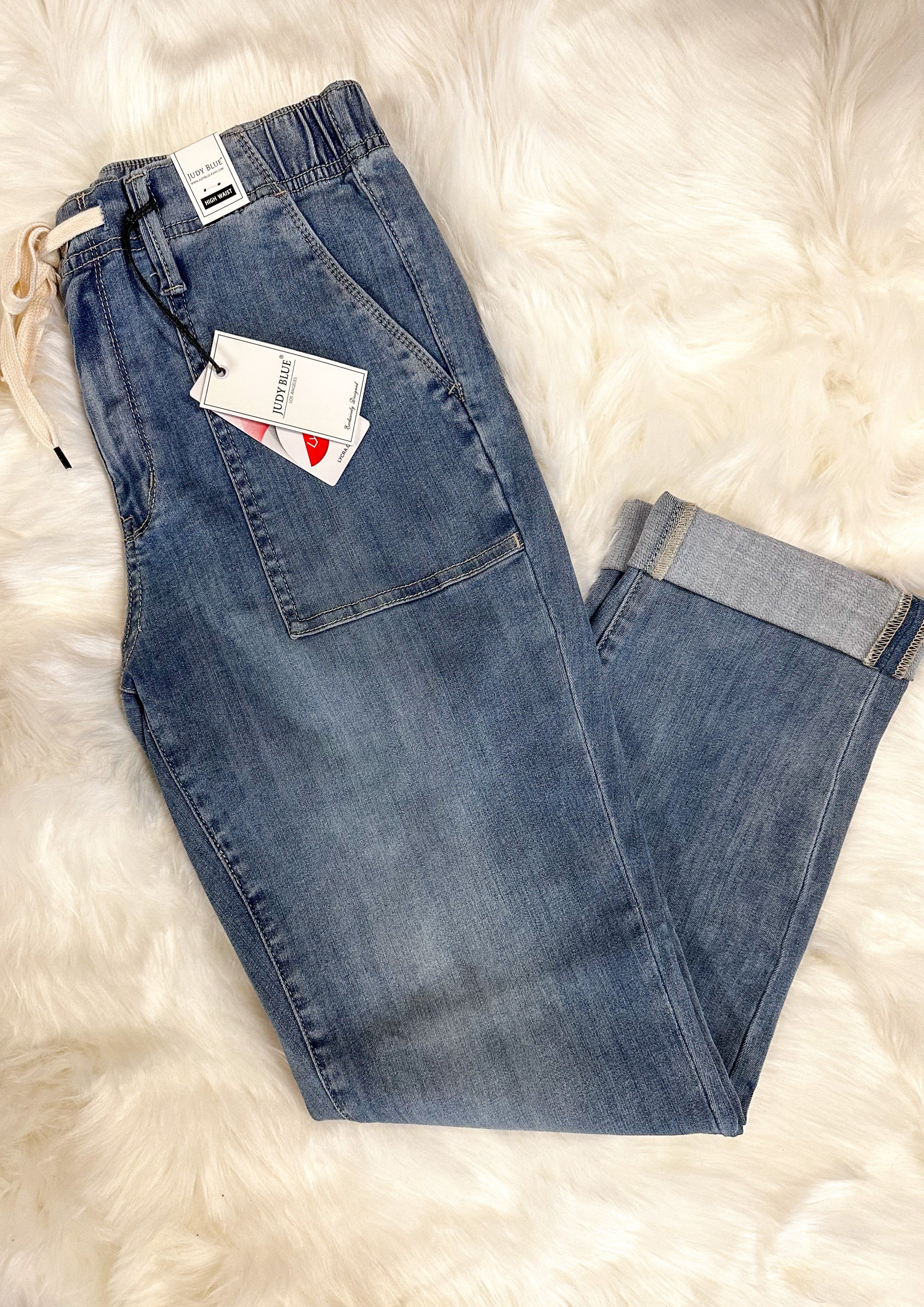 Judy Blue Joggers with front and back pockets, front zipper and button closure, drawstring, cuffed bottoms