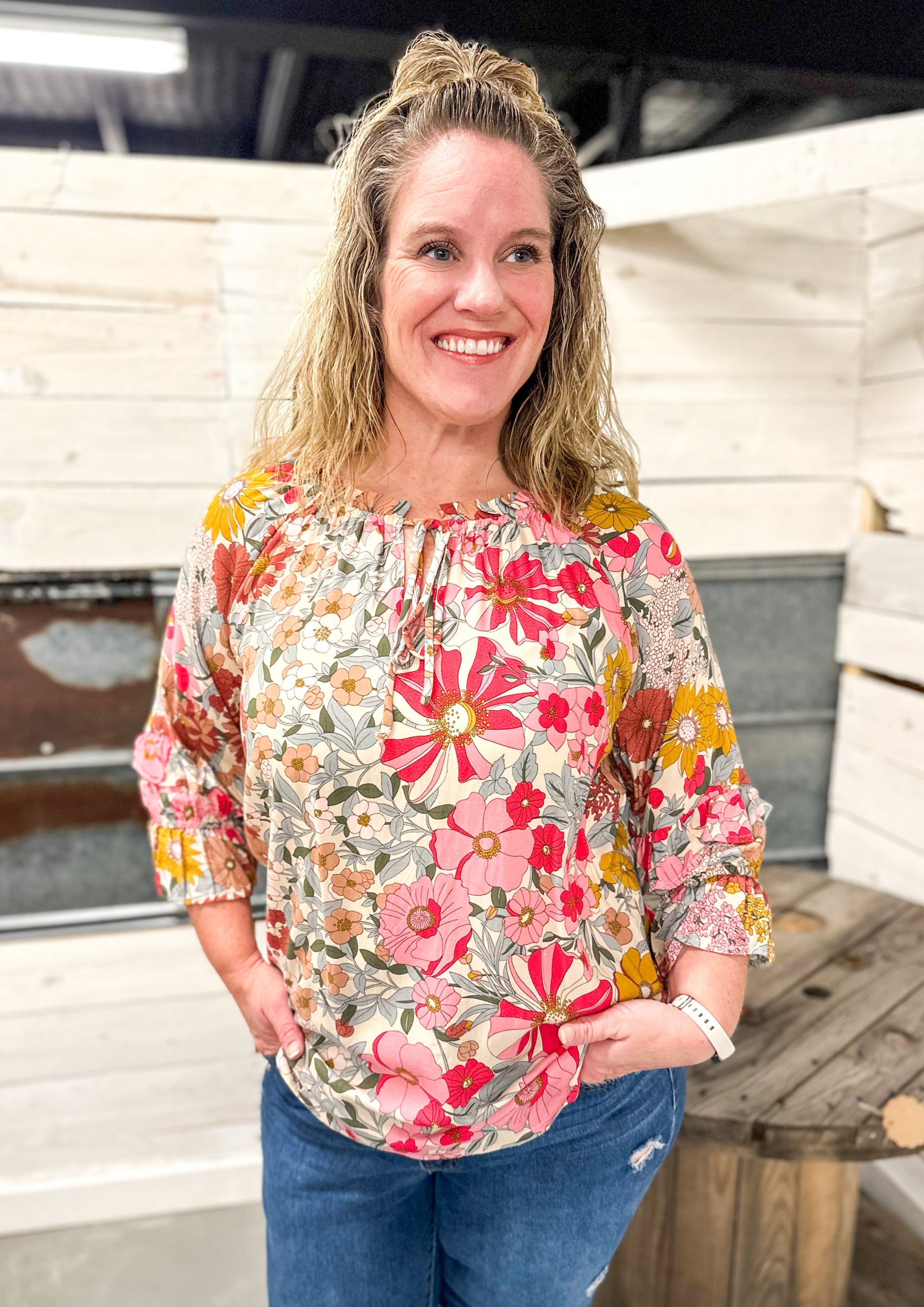 Pink and Green 3/4 length sleeve Floral Top with double ruffle on the sleeve, ruffle around color, tie collar