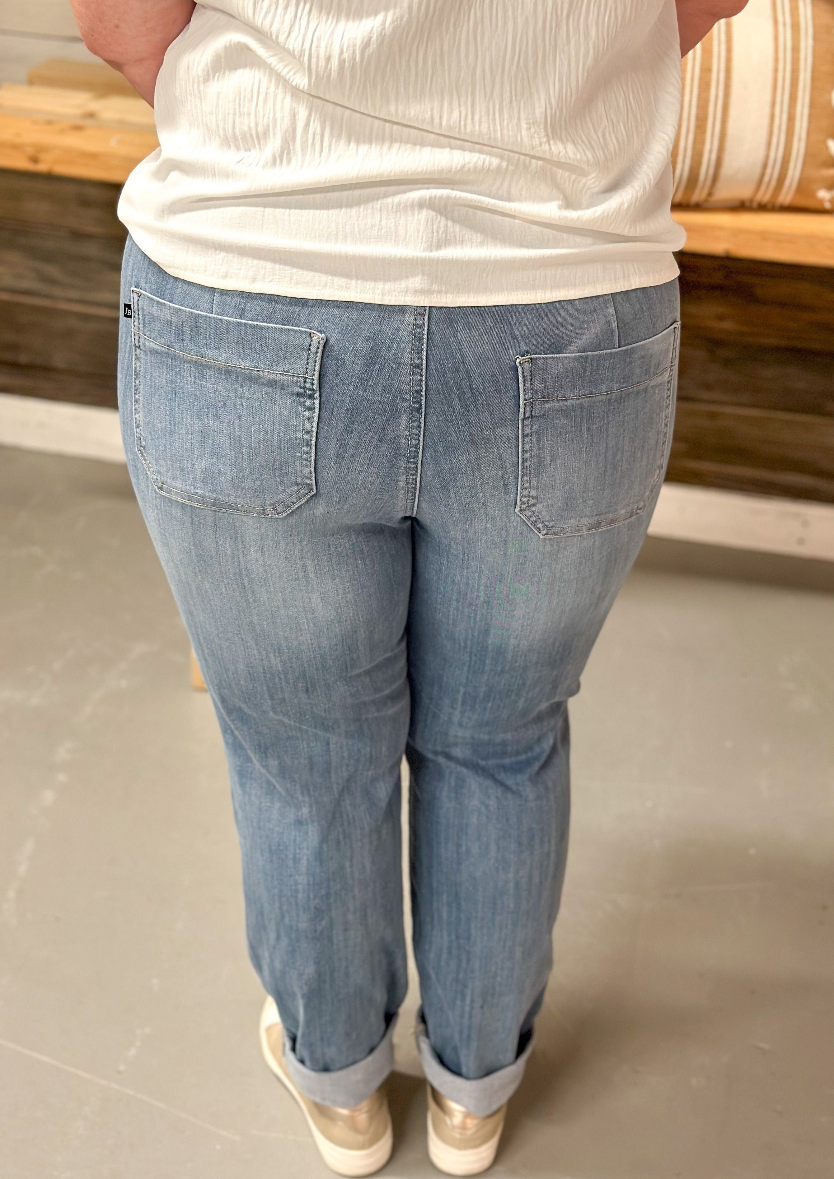 Judy Blue Joggers with front and back pockets, front zipper and button closure, drawstring, cuffed bottoms