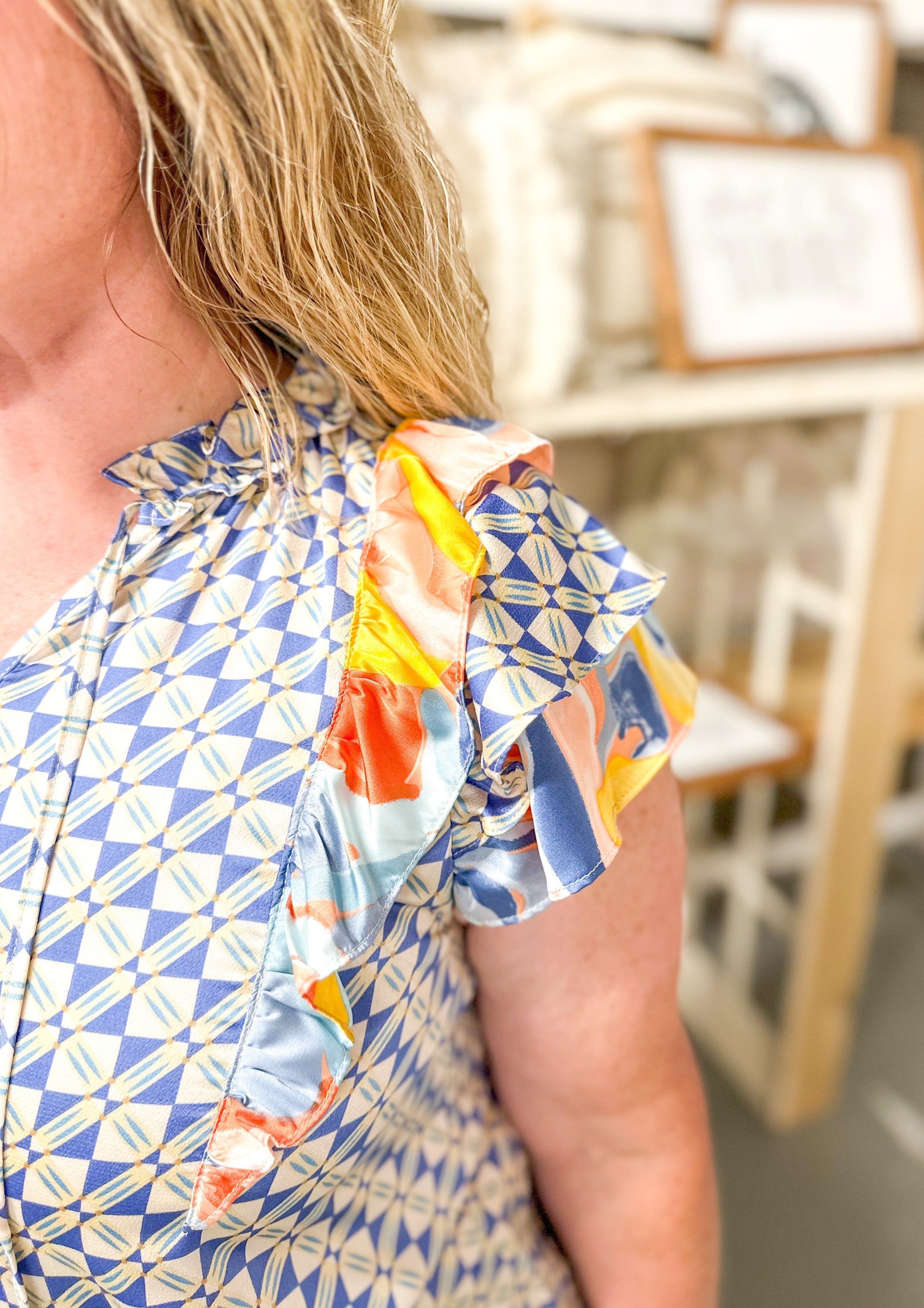 Mixed Pattern Ruffle Short Sleeve Top - Blue, yellow and orange, 3 tiered ruffle sleeve with mixed patterns, split ruffle neckline with ties