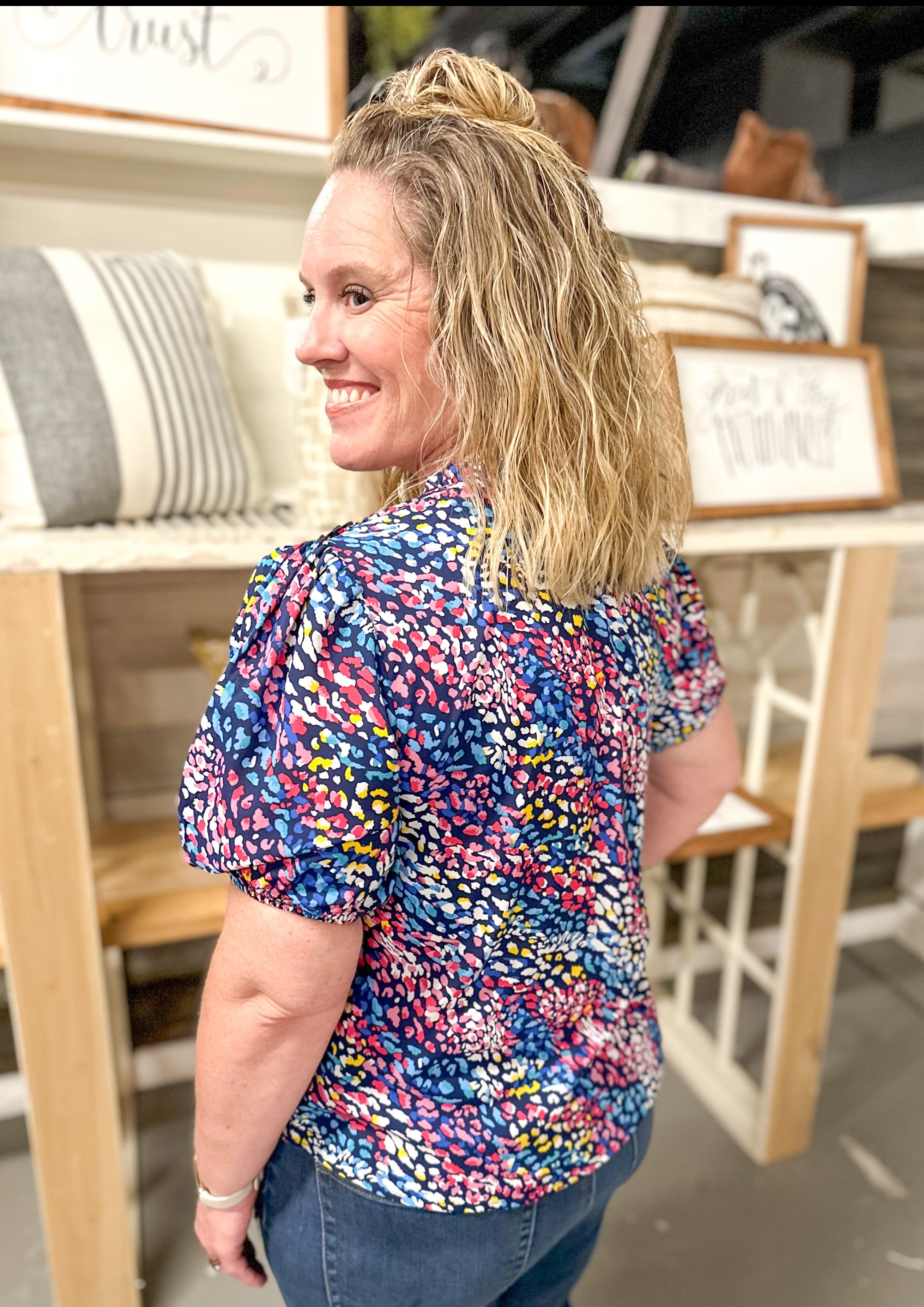 Puff short Sleeve Abstract Top - Navy with ruffle collar and small v-neck