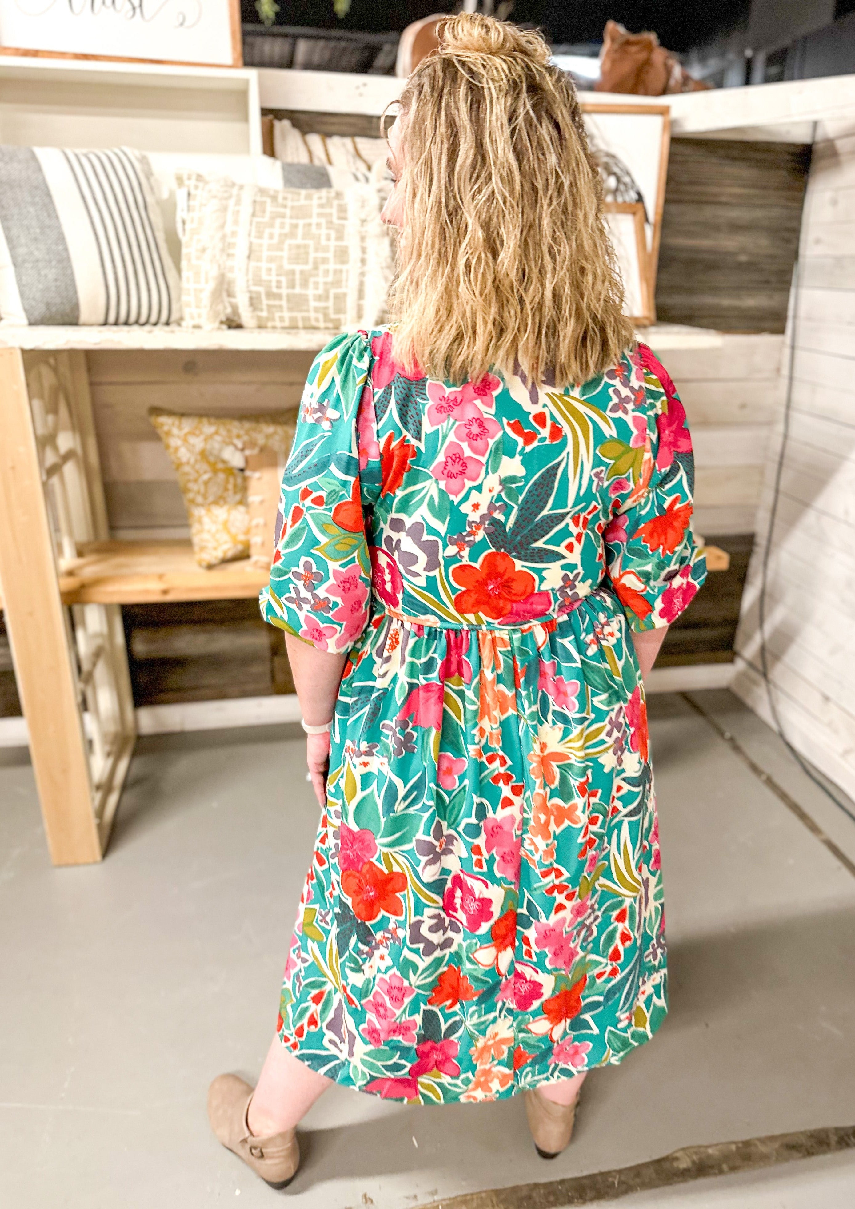 Green Floral Midi Dress - Ruffle neck with front tie, bubble sleeve and pockets