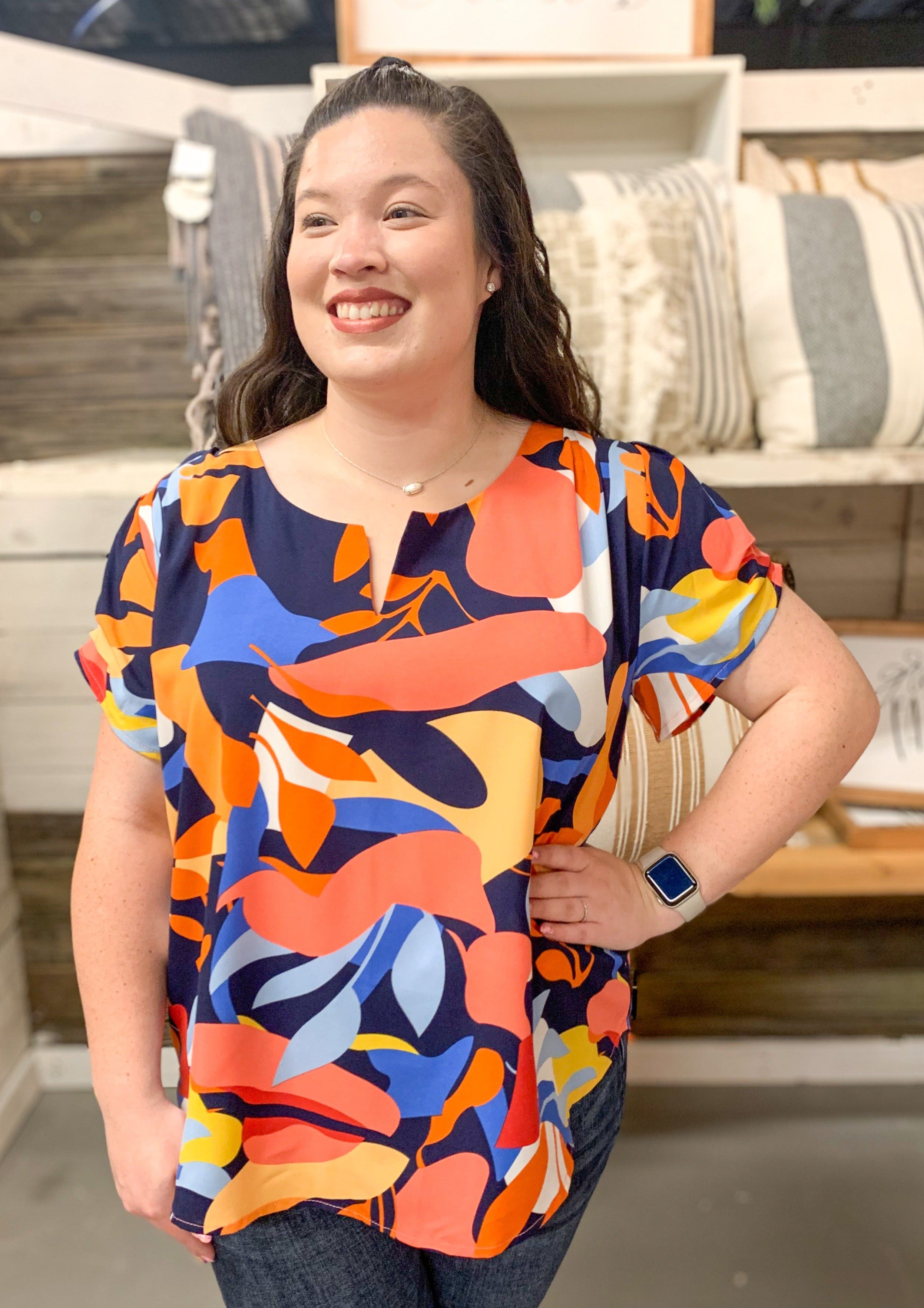Navy Abstract Top w/Pleat Detail