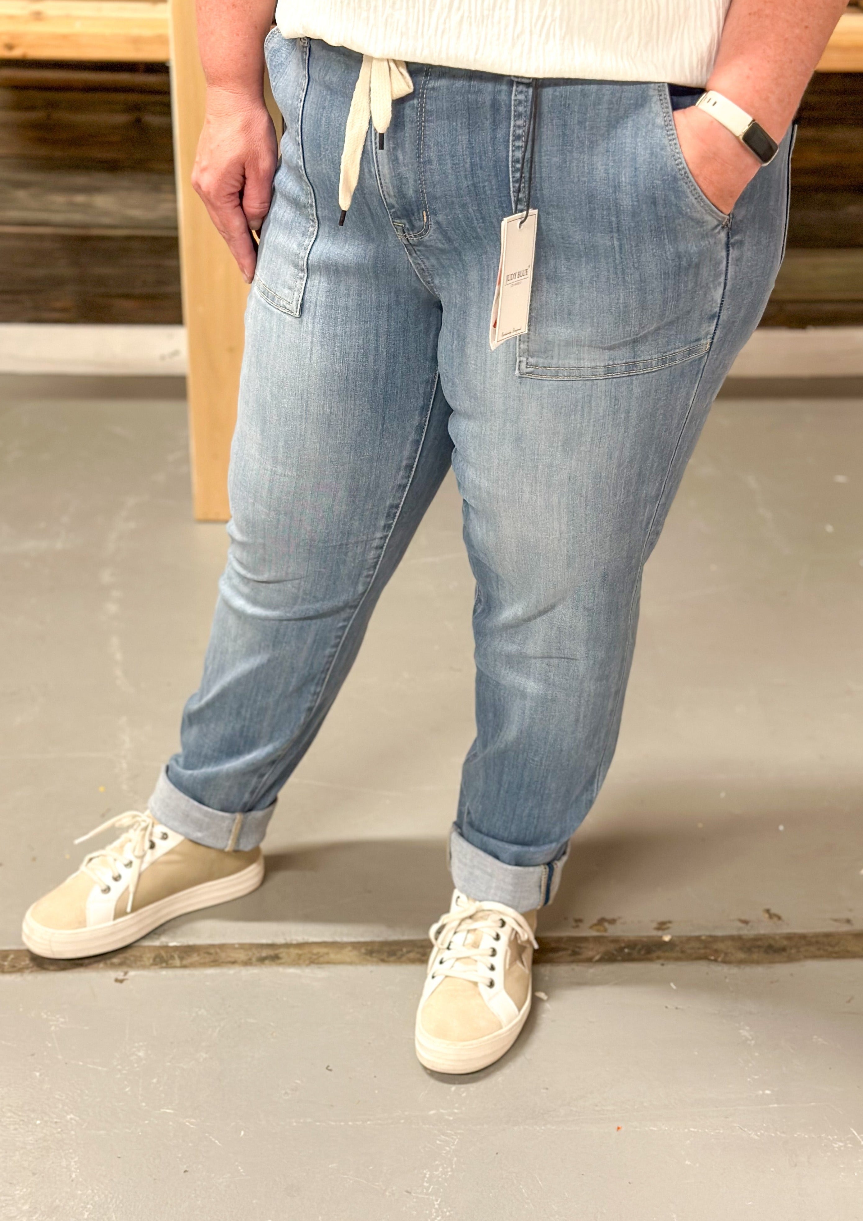 Judy Blue Joggers with front and back pockets, front zipper and button closure, drawstring, cuffed bottoms