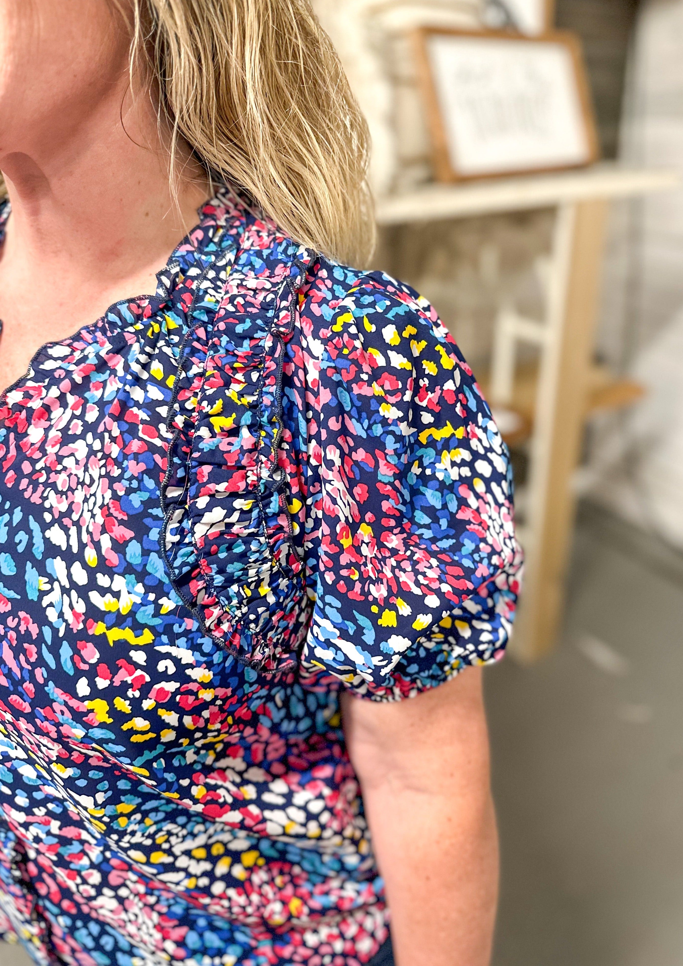 Puff short Sleeve Abstract Top - Navy with ruffle collar and small v-neck