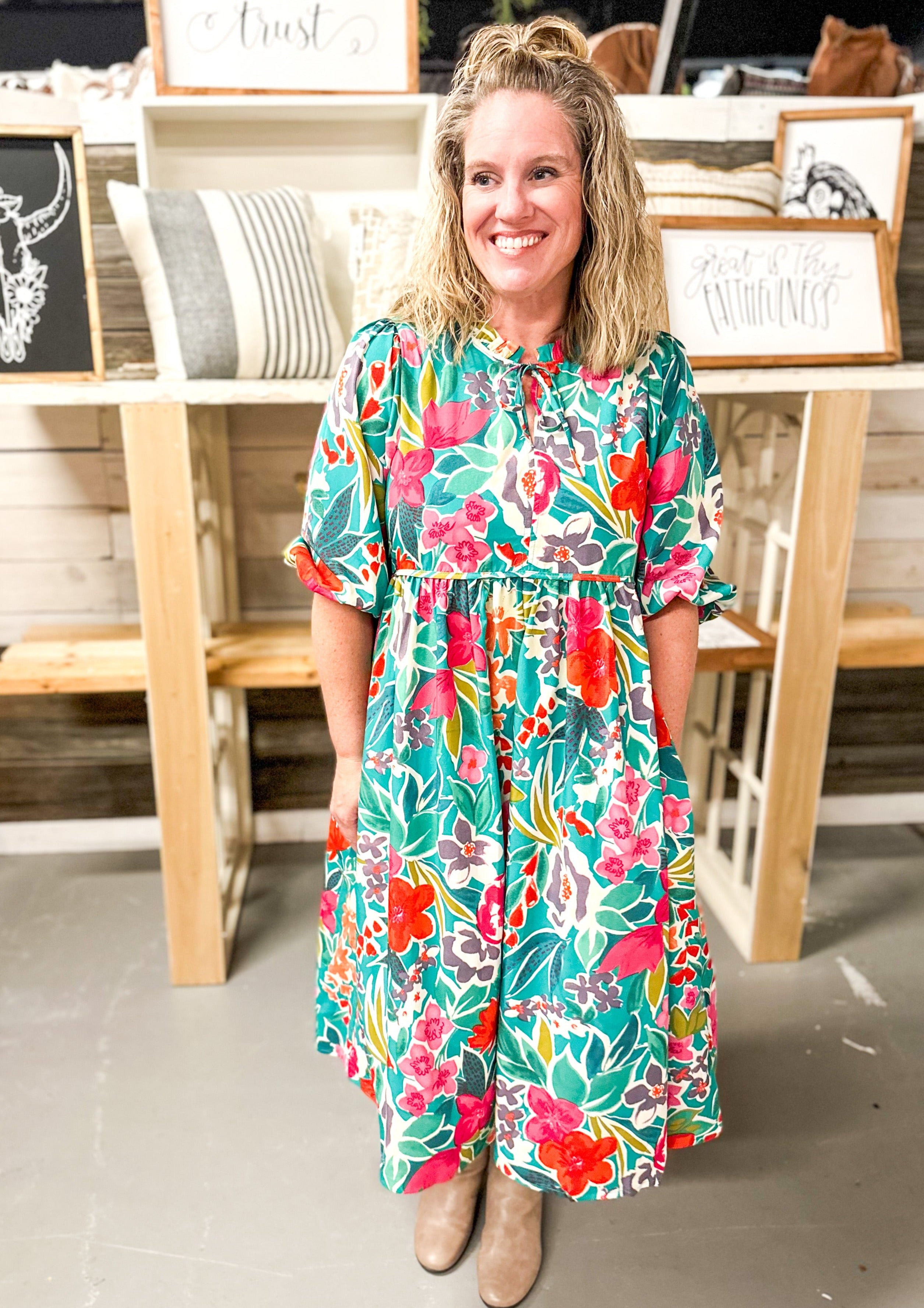 Green Floral Midi Dress - Ruffle neck with front tie, bubble sleeve and pockets