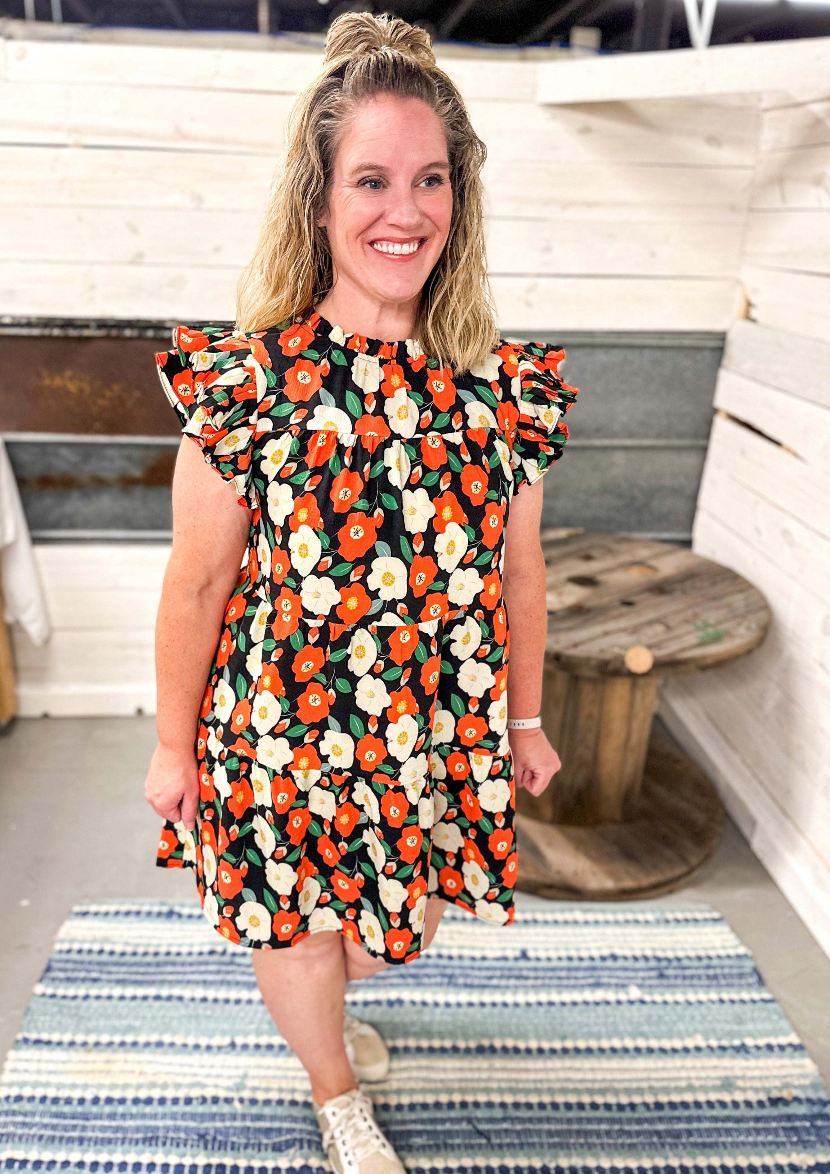 Black Ruffle Sleeve Floral tiered short Dress with rust and cream flowers and green leaves - double ruffle sleeve and ruffle collar