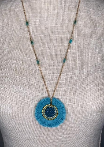 Blue and Gold Circle Fringe Necklace