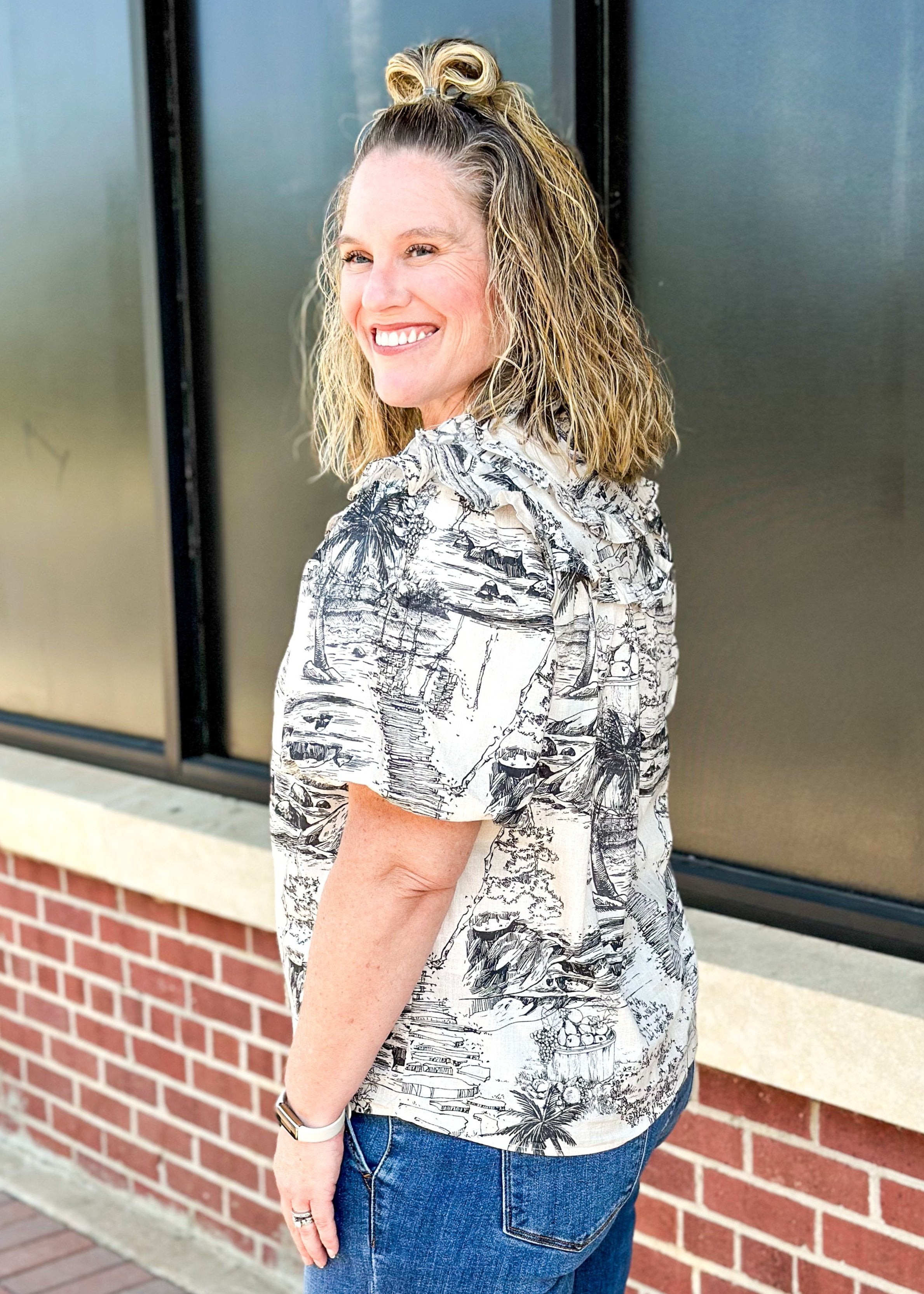 black and cream toile top with ruffle shoulder and short sleeves