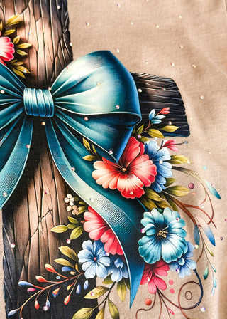 Close up of Wooden Cross Rhinestone Graphic Tee