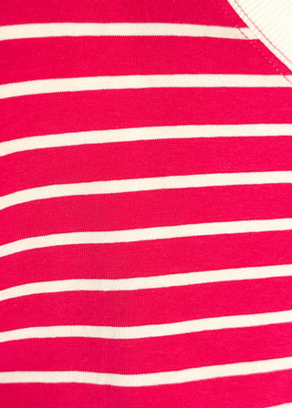 wide striped top with cuffed sleeves, and white banded rounded neckline.
