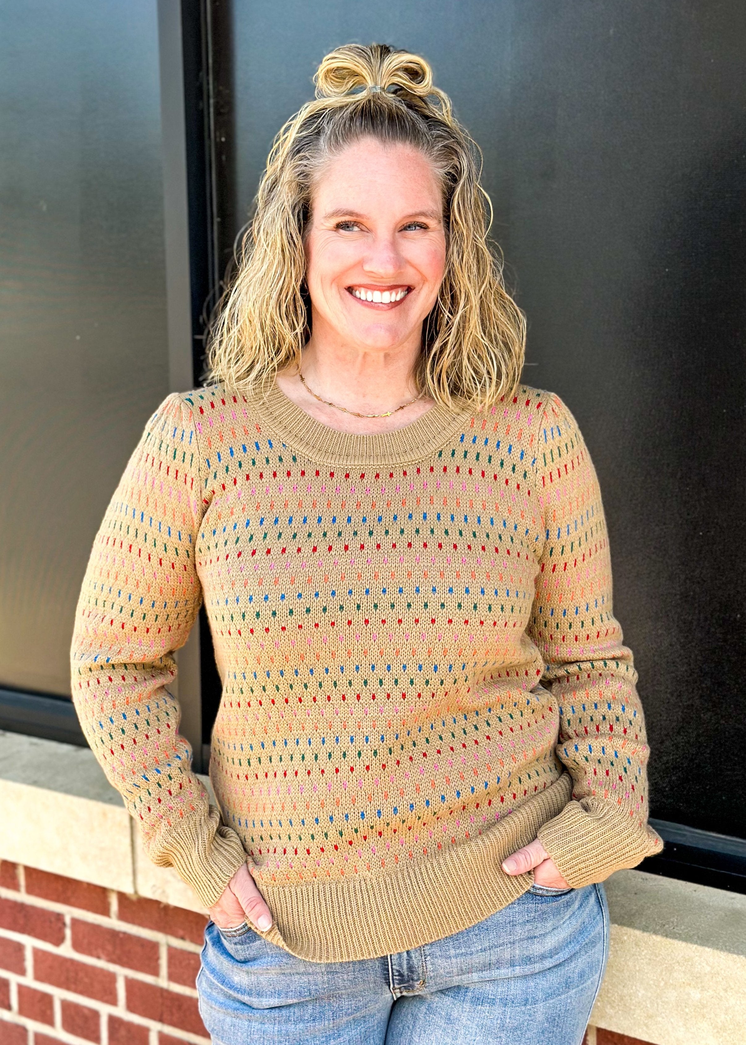 khaki long sleeve sweater with multi color dotted lines