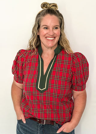 Red plaid puff sleeve top with green contrast neckline and white trim