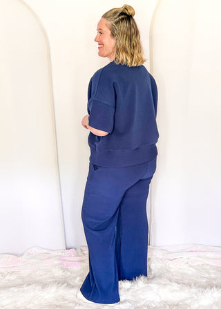 Two piece ribbed outfit in Navy featuring boxy top and wide leg pants