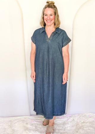 women's short sleeve vneck denim dress with pockets