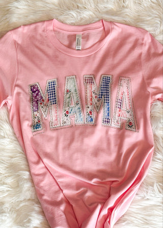 Pink Patchwork Mama Graphic Tee with Rhinestones