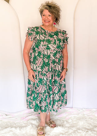 Ruffle sleeve midi dress with pink and green tropical leaves