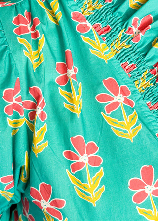 Close up of Mint green floral dress with colorful pink flowers, featuring short puff sleeves, ruffled neckline, smocked waist, and flowy skirt.