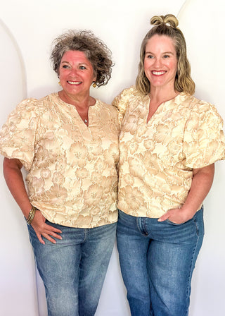 models in jacquard floral puff sleeve top in champagne.