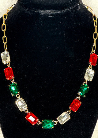 close up of Holiday Gemstone Necklace with gold clasp