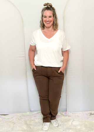 Judy Blue Weekend Jean in mahogany, featuring a high-waisted, slim jogger-style fit with knee darts