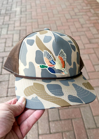 men's camo front hat with a duck embroidery patch across the front - brown net back