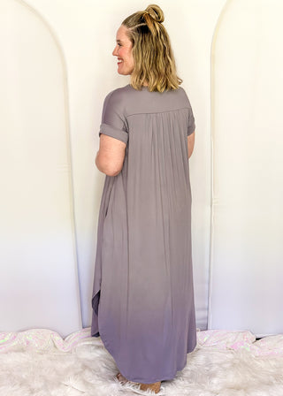 Casual ultra soft maxi dress with relaxed silhouette and pockets.