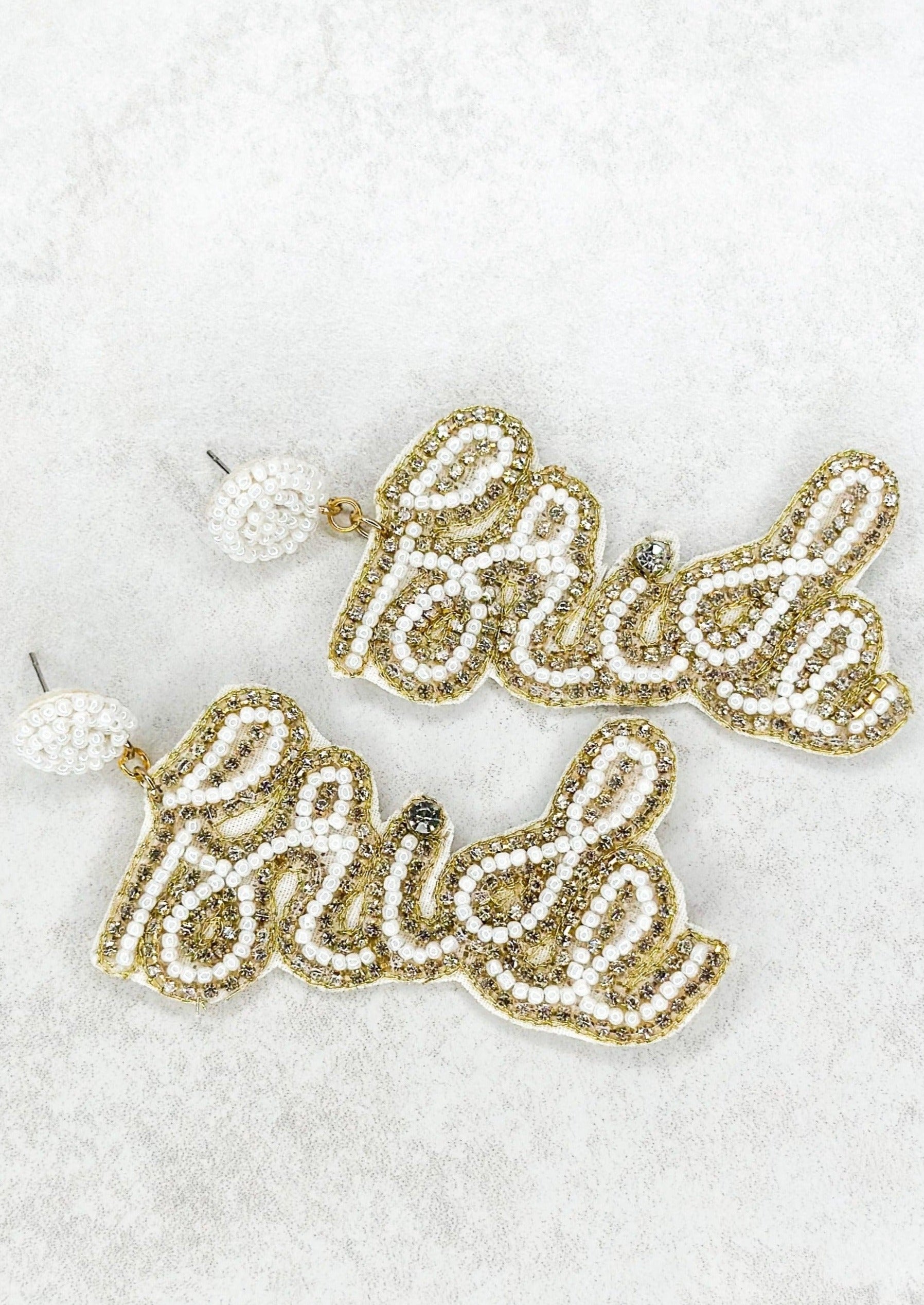 Bride seed bead post back earrings, cursive written bride in white seed beads outlined in gold beads