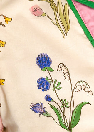 Close up of button up floral dress with contrast trim and belt, short sleeves