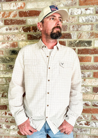 mens plaid button up long sleeve shirt - off white with collar