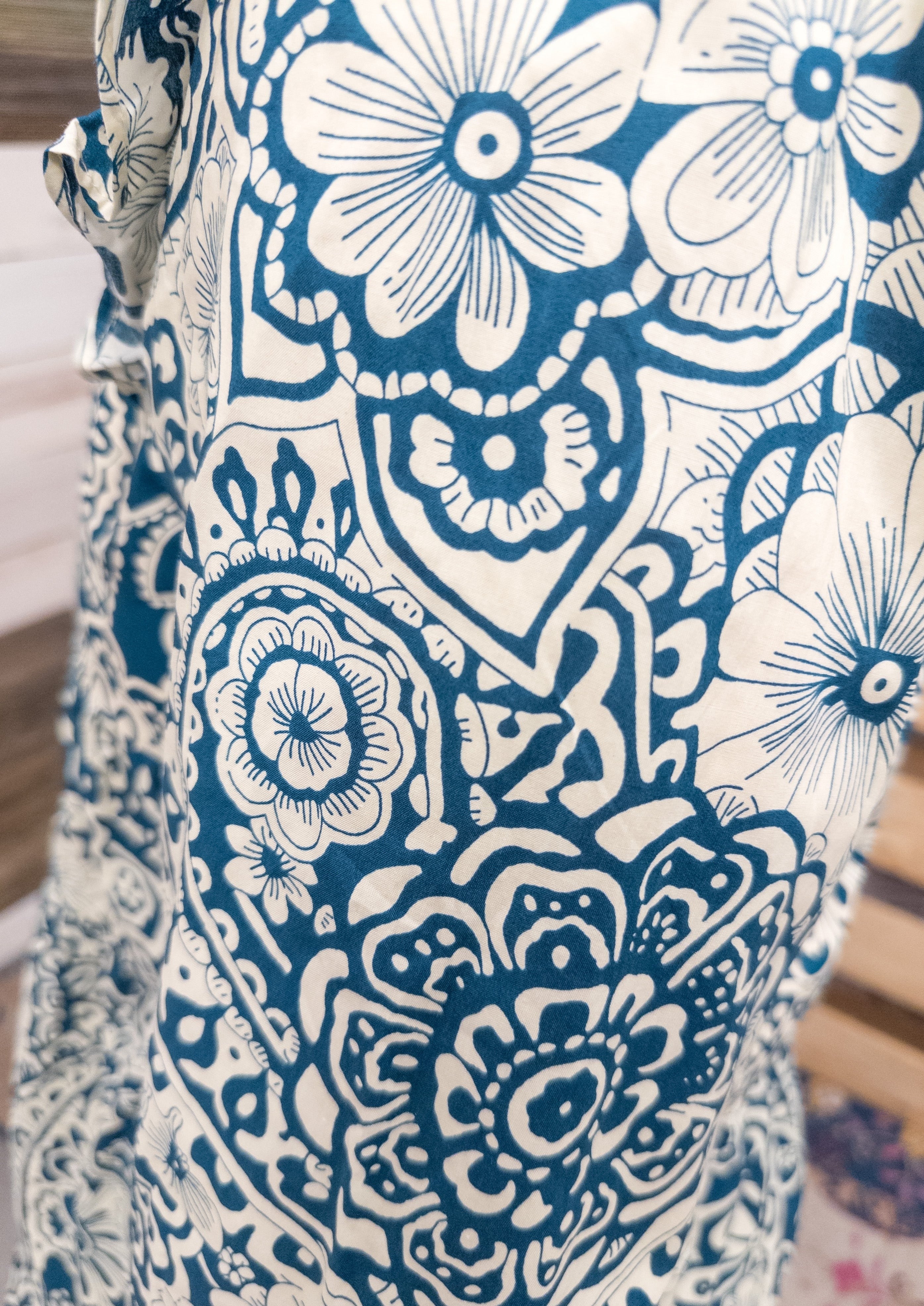 Abstract Print Long Sleeve Dress - Peacock Blue