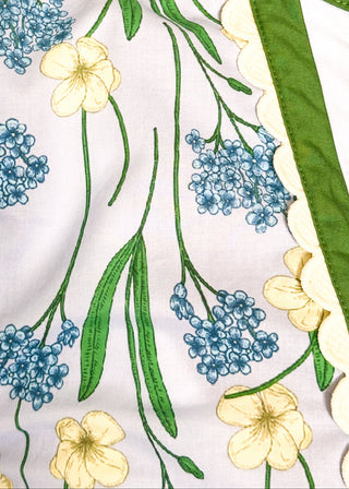 Close up of spring floral top with short sleeves, easy silhouette, and colorful blue and green pattern.