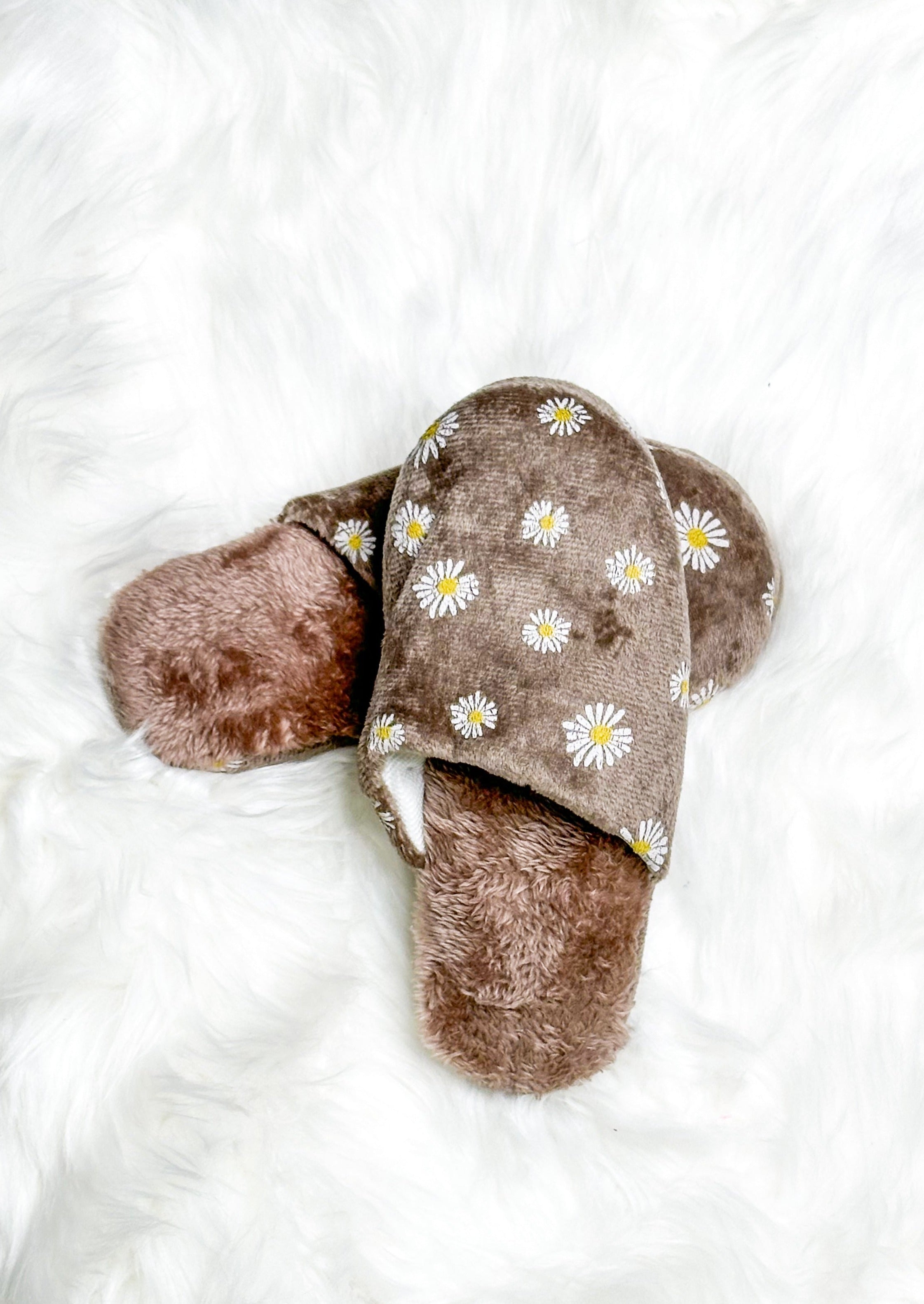 fuzzy slip on slippers with daisies on the top - mocha