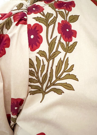 Short sleeve belted dress in ecru with berry florals and contrast piping.  Button up. 