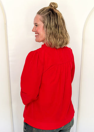 Women's ruffle collar blouse with 3/4 sleeve- in red.