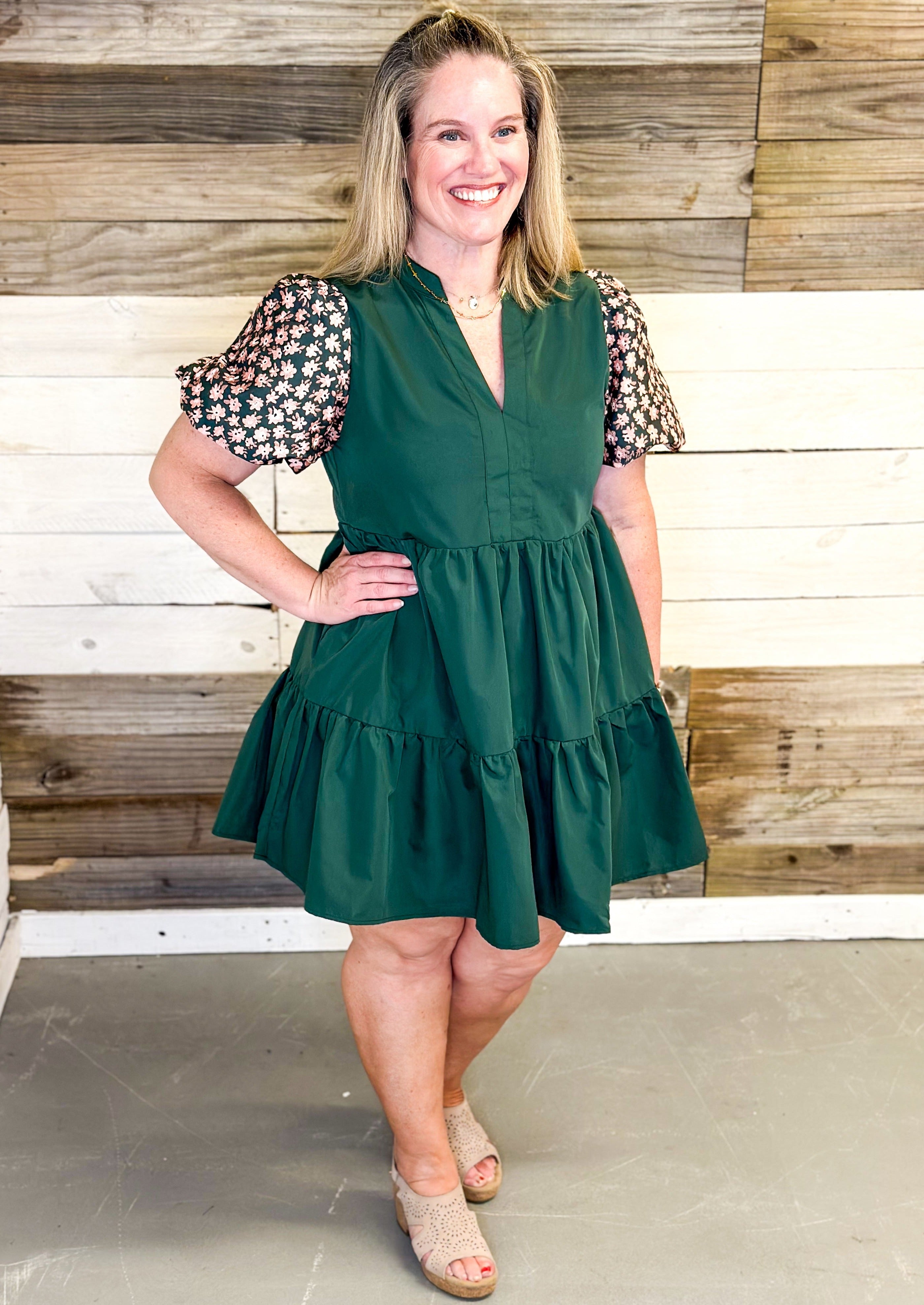 hunter green tiered dress with v-neck and pockets - flower embroidered puff sleeves in pink