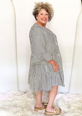 3/4 sleeve striped dress with ruffle cuffs and tiered skirt