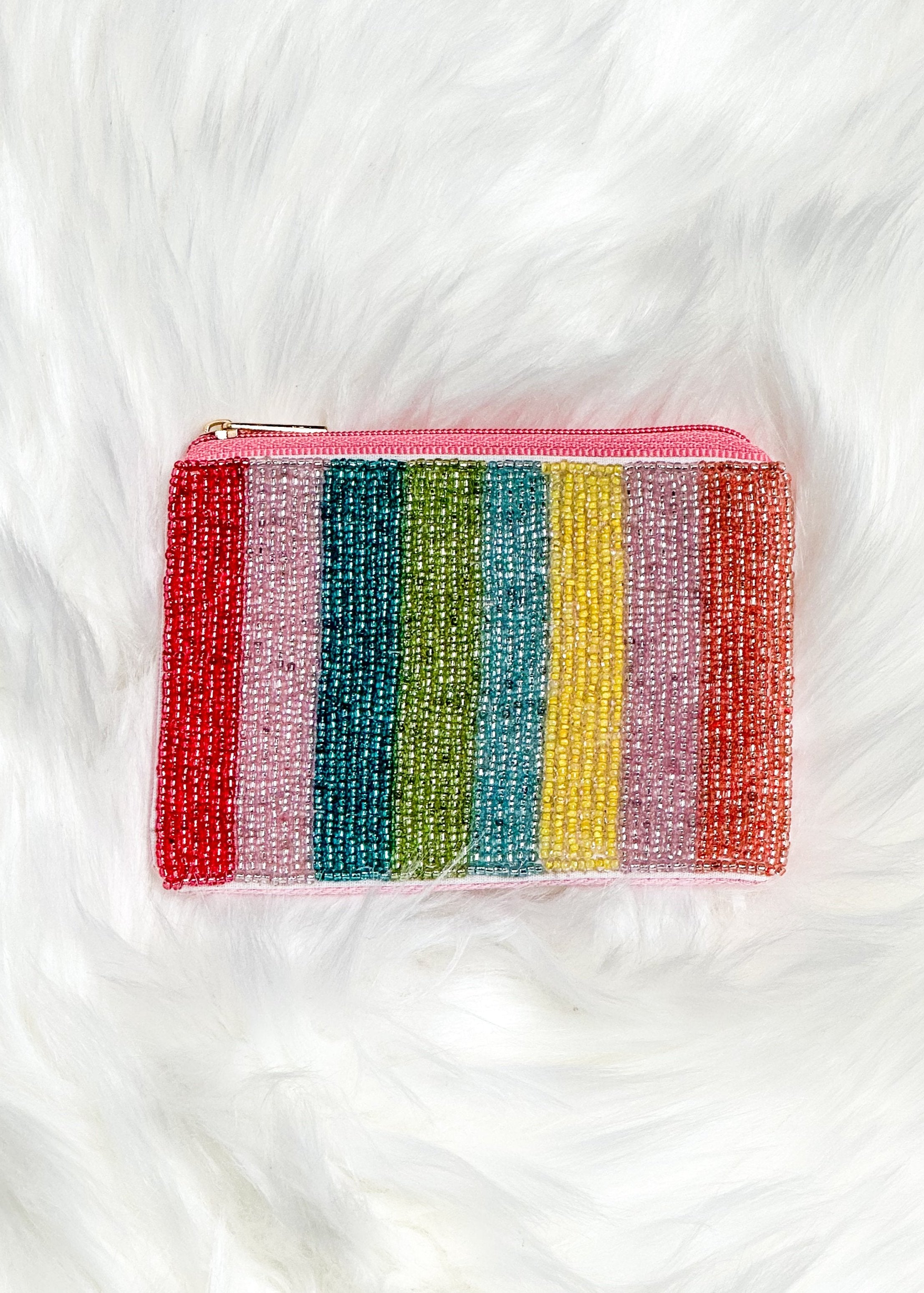 seed bead coin purse with stripes on the front - pinks purples green blues yellow