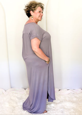 Casual ultra soft maxi dress with relaxed silhouette and pockets.
