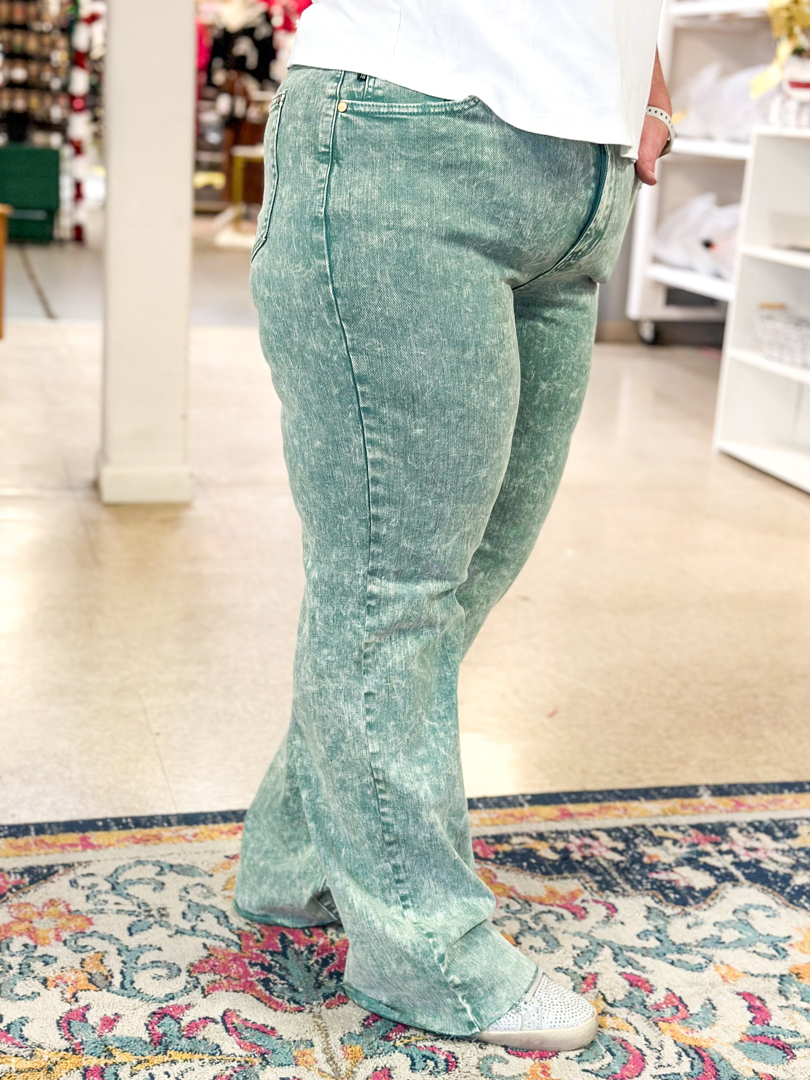 judy blue high waist sea green acid wash dad jeans with front and back pockets, zipper and button closure, unfinished hem to cut to length